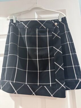 LOFT Black Windowpane Wrap-Style Mini Skirt